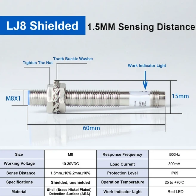 원통형 금속 접근 스위치 CHBG IP65 M8 인덕턴스 근접 센서 NPN PNP DC10-30V 4 핀 M12 커넥터 LJ8A3 시리즈, [01]FLUSH 1.5MM, [02]NPN NO, 1개