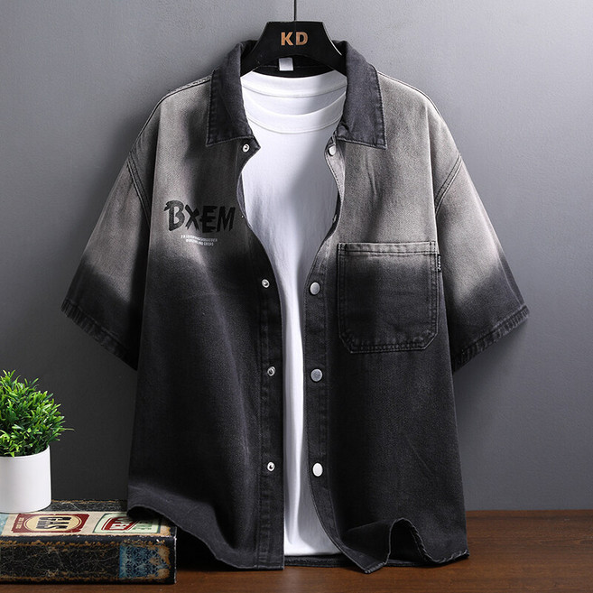 ASURE 남자 패션 캐주얼 데님 반팔 셔츠 아우터 데일리룩