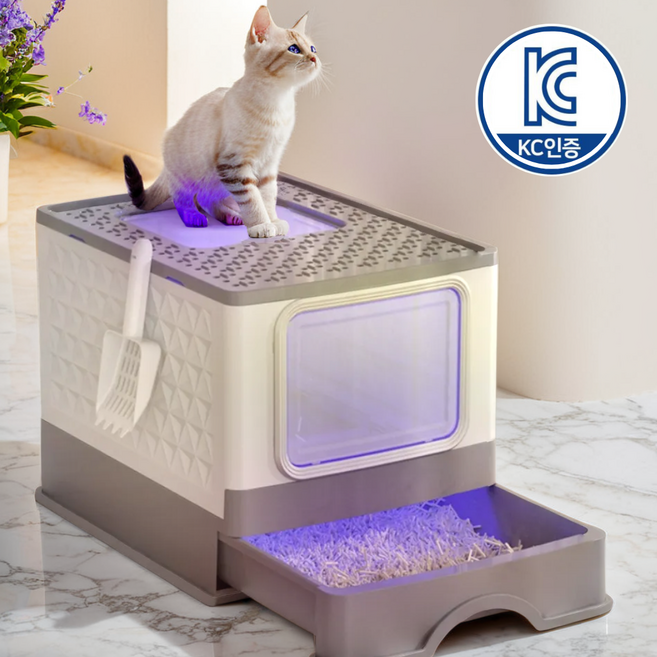 그린홈 대형 항균 고양이 후드형 화장실+모래삽. UV살균등 냄새제거, 회색, 1개, 사각형 디자인 문 2 개짜리