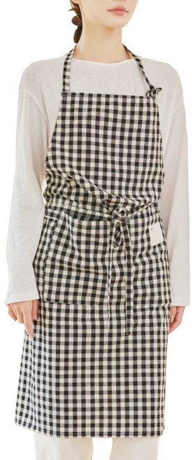 이몰리스 면100% 체크 패턴 원피스 앞치마 주방 공방 바리스타 앞치마, 1개, 블랙체크