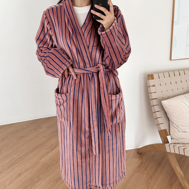 엘라운지 스트라이프 밍크 극세사 여성 로브 파자마