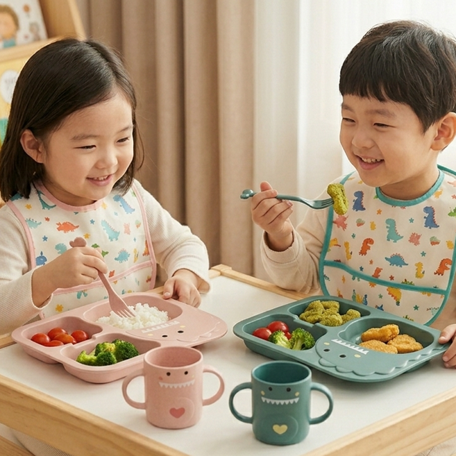 꼼스 아기 공룡 식기 세트, 1개, Set, 핑크