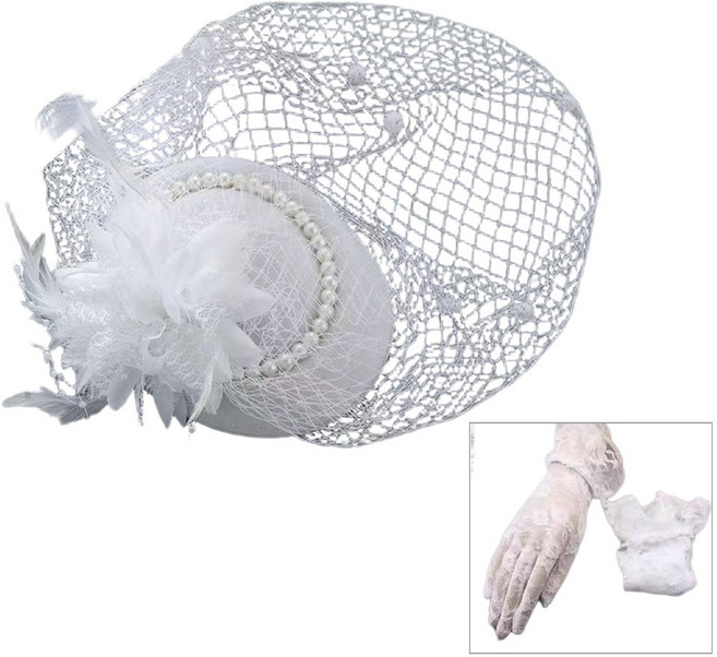 경성 코스프레 개화기 모자 망사 헤어장식 장갑포함, 1개, 화이트