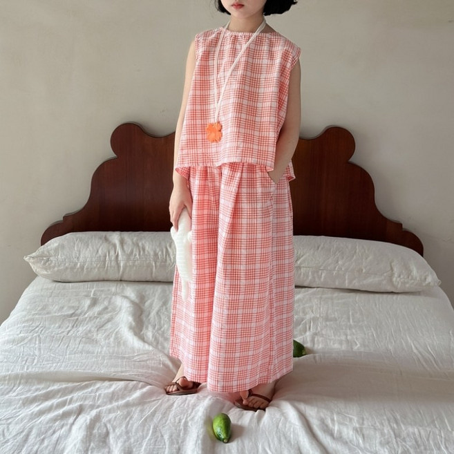 구빠방 아동 여아 남아 공용 체크 민소매 나시 바지 세트 투피스