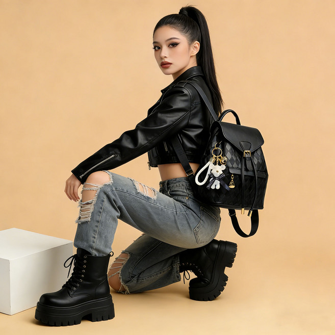 KEMEI 여성 가죽 백팩 데일리 통근 여행 가방 체크무늬 가방