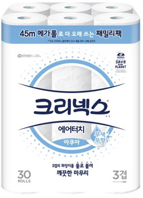 크리넥스 3겹 아쿠아 메가롤 화장지 45m 30롤, 30개입, 1개