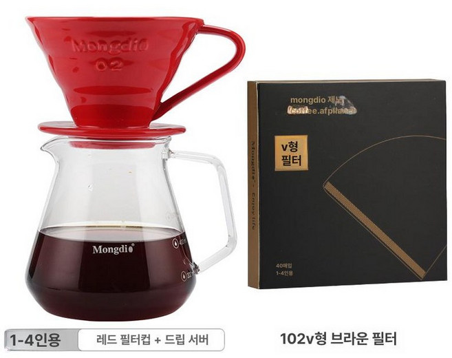 더가비 마스터A 핸드드립 캠핑용 장커피 드리퍼 필터, 1개, V02 레드 + 600ml 공유용 주전자