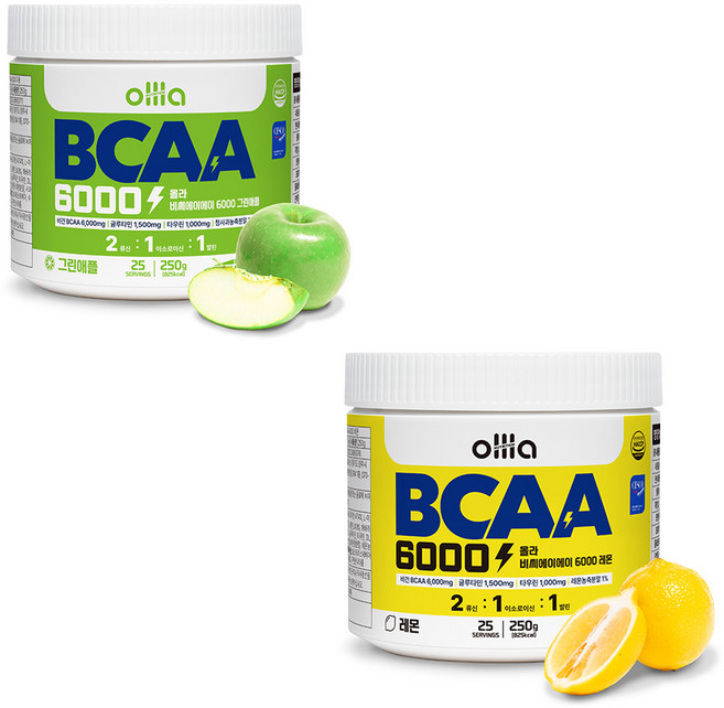 [1+1] 올라 BCAA 6000 맛있는 아미노산 보충제, 그린애플레몬, 2개, 250g