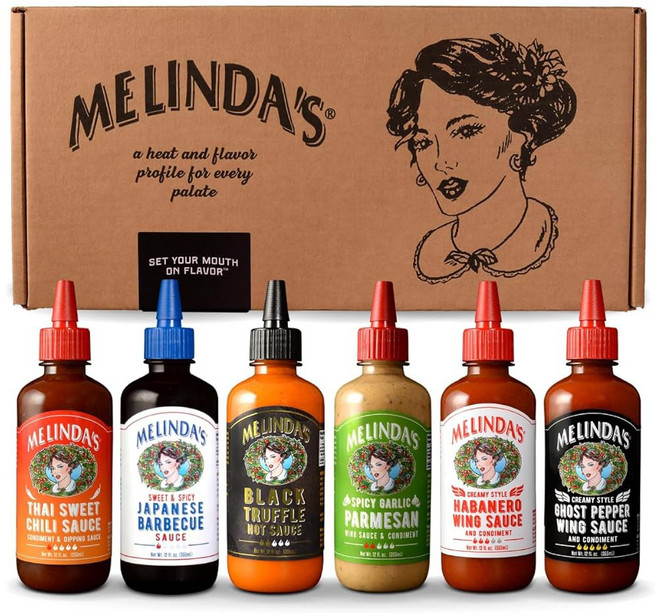 Melinda's 디핑 소스 멜린다의 멜린다 컬렉션의 맛 수제 페퍼 및 조미료 선물 세트 블랙 트러플 태국 달콤 칠리 구운 마늘 하바네로 고스트 매운 폴리네시안 포함 12온스, Craft Wing Collection