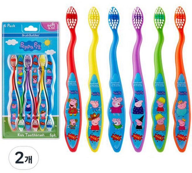 브러쉬버디즈 페파피그 트위스트 칫솔 6종 세트, 레드, 옐로우, 퍼플, 블루, 그린, 오렌지, 6개입, 2개