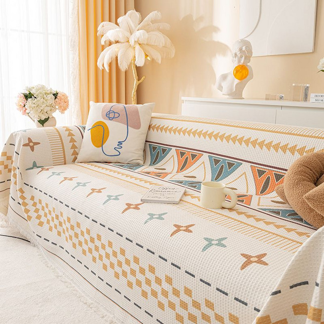 Serendipity Bloom 사계절용 소파커버 보헤미안 스타일 전방위 포장형 소파커버 H158-011, 쌀 화이트, 1개