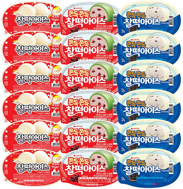 찰떡아이스 3종 혼합 구성, 바닐라6+오리지널6+쿠앤크6, 18개, 90ml