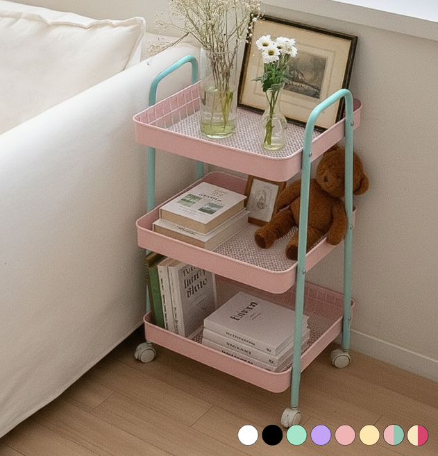 이동식 3단 철제 컬러 트롤리, 핑크+민트