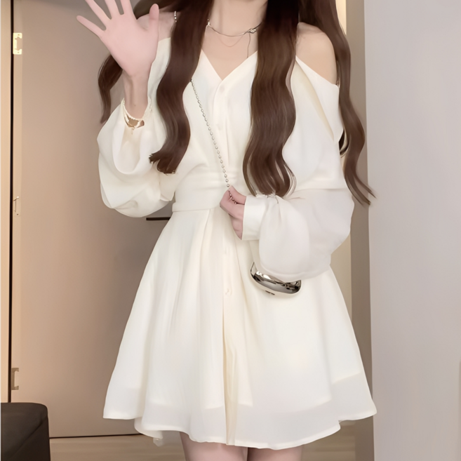 루나모드 오프숄더 디자인 여름용 블라우스 & 숏팬츠 내장 원피스 세트K0064