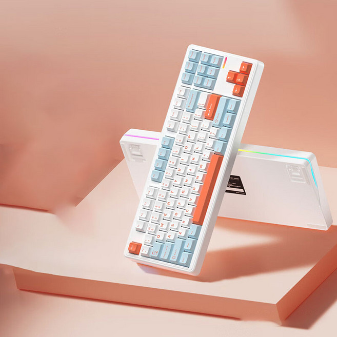 [HL샵]릭스 Riccks RS8 V2 커스텀 기계식 키보드 무선 블루투스 게임전용 키보드, 목설축-8000mAh, 화이트 블루 오렌지(연어)