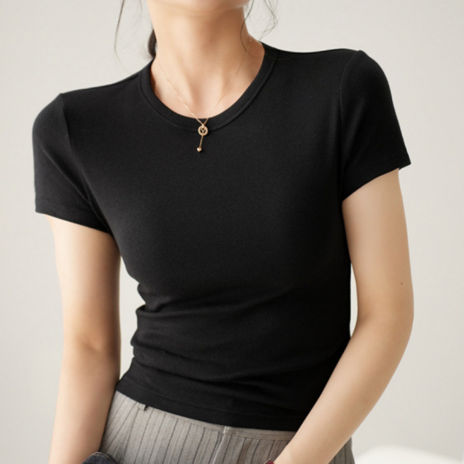 리바시안 여성 예쁜 핏 면 스판 기본 라운드 반팔티