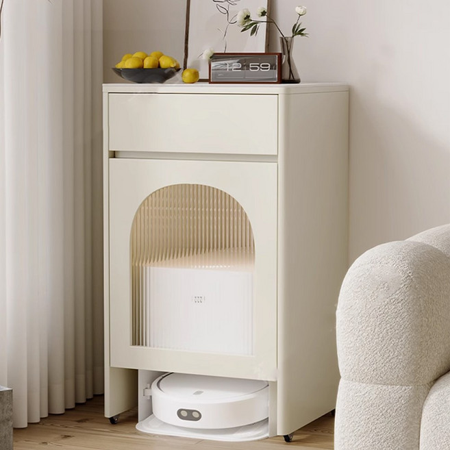 Oakora 프리미엄 로봇청소기 수납장 로보락 삼성 틈새 거실 다용도 로봇청소기장 거치대 슬라이딩 이동식 미니 이동형 바퀴형, 크림 페일