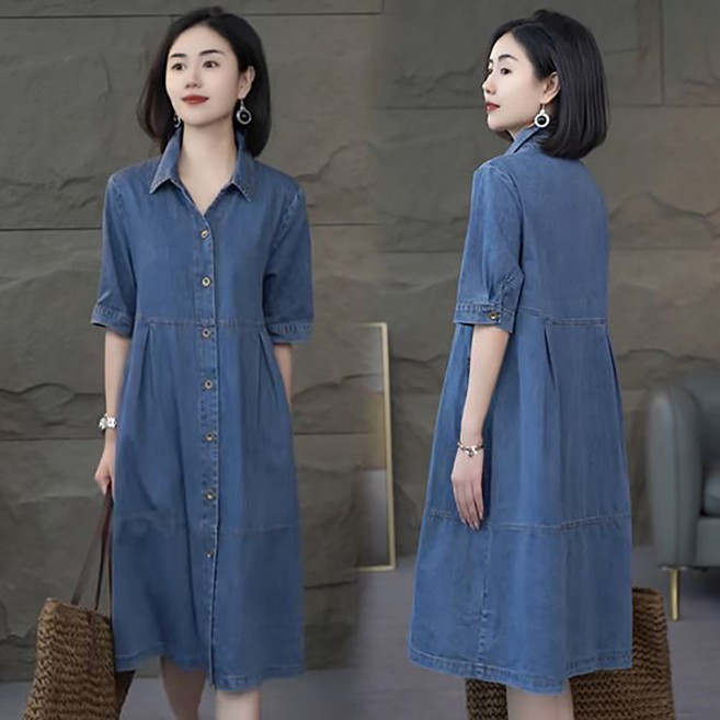 여름 얇은 데님 원피스 빅사이즈 카라넥 반팔 청원피스 시원한 단추 롱셔츠 치마