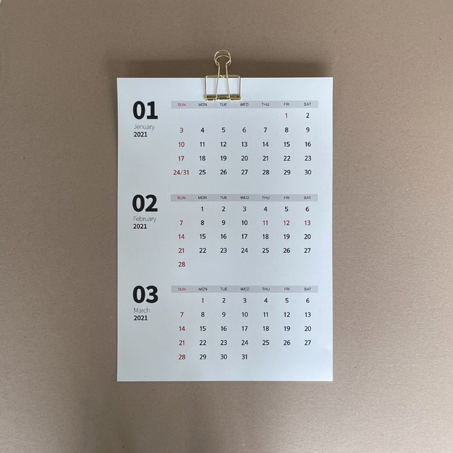 주문한 달부터 출고되는 하이블 A3사이즈 심플 3단 분기 달력, 달력+골드집게