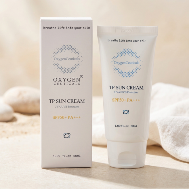 옥시젠슈티컬스 티피 썬 크림 50ml 피부과 백탁없는 눈시림없는 수분 톤업 물광 순한 TP 선크림, 1개