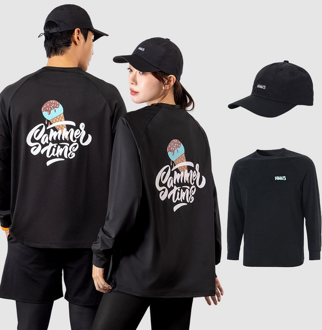 [SET] 아쿠아 워터 모자 + 루즈핏 래쉬가드 세트 빅사이즈 체형커버 비치웨어 물놀이 수영복 상의