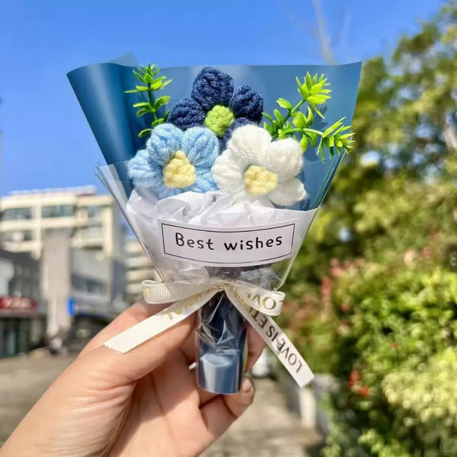 迷你編織花束，送禮擺飾, 1件, 編制花成品-藍色, 藍色