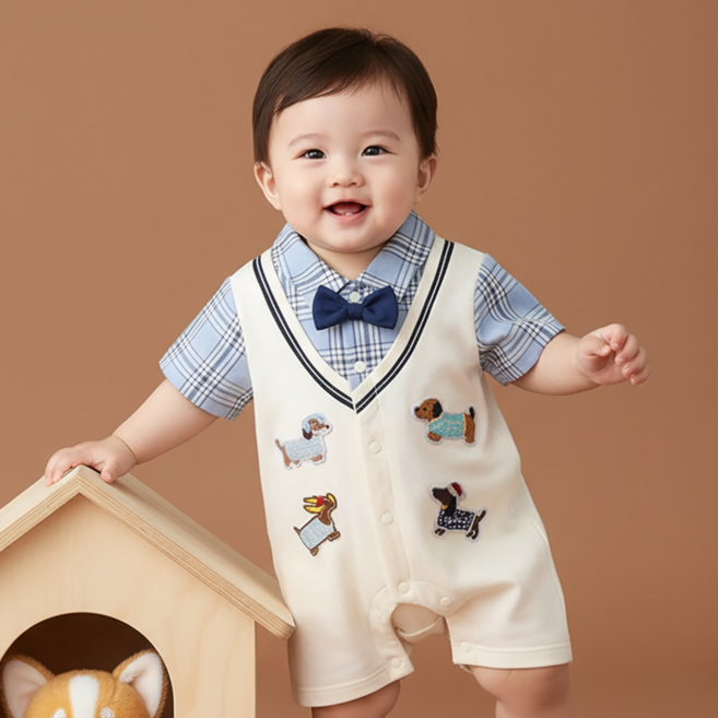 몽실이 블루체크 보타이 반팔우주복