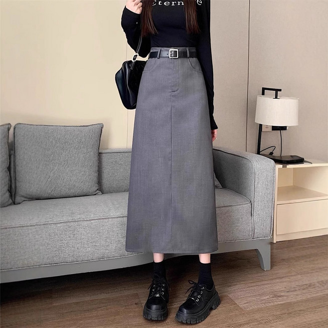 대형 회색 양복 엉덩이 가리고 날씬해 보이는 반바지 여성용 하이웨이스트 다용도 A라인 중간 길이 스트레이트 스커트