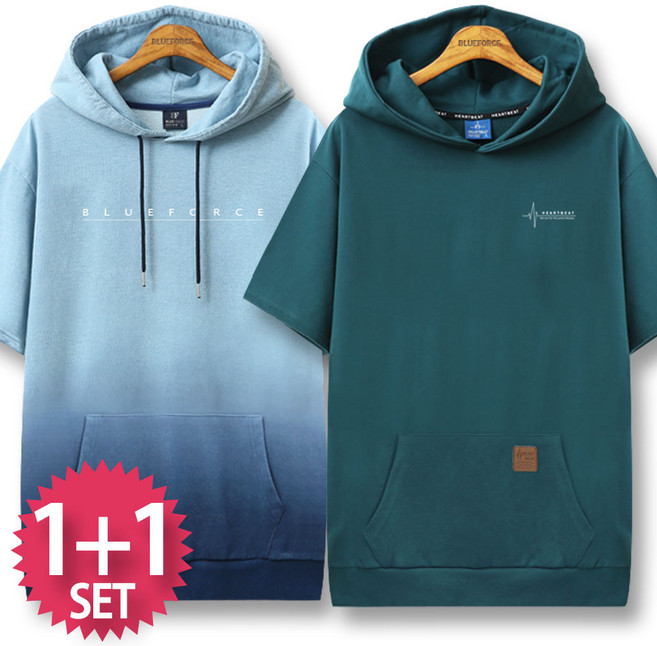 블루포스 레잇튼 + 클렐시 반팔후드티 [2장 묶음] 오버핏 남자 티셔츠 남성 빅사이즈 반팔티 단체티 여름 커플티 츄리닝