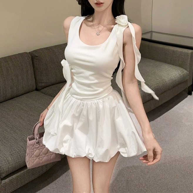 여성 봄 여름 꽃 장식 슬림핏 나시 원피스 심플 컴포트 스커트 슬림소녀