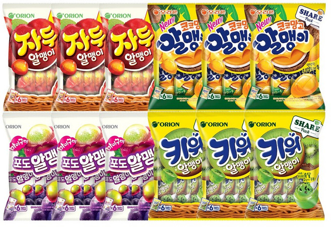 오리온 알맹이 젤리, 3세트, 코코망고6p + 자두6p + 포도6p + 키위6p