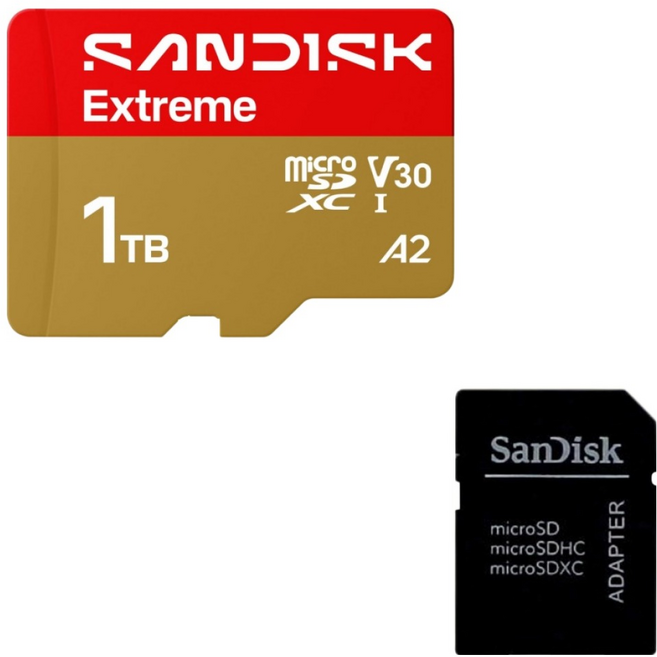 샌디스크 익스트림 microSDXC 메모리카드 U3 V30 A2 드론 액션캠 스마트폰 4K촬영용 고속 마이크로SD카드+ SD카드 케이스, 1개, 1TB