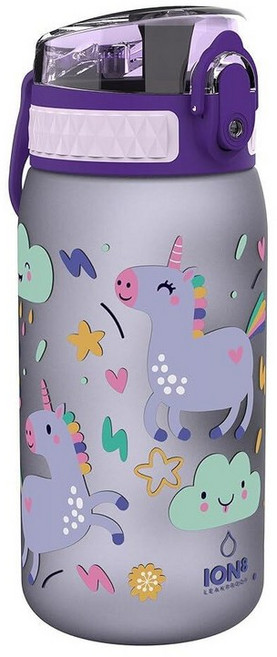 Ion8 누출 방지 아동용 물병 350ml/12온스 유니콘 - BPA 프리 냄새 방지 재활용 폴리머 원터치 플립 뚜껑 캐리 루프 빨대 없음 - 식기 세척기 사용 가능, 12oz / 350ml, Purple Unicorns