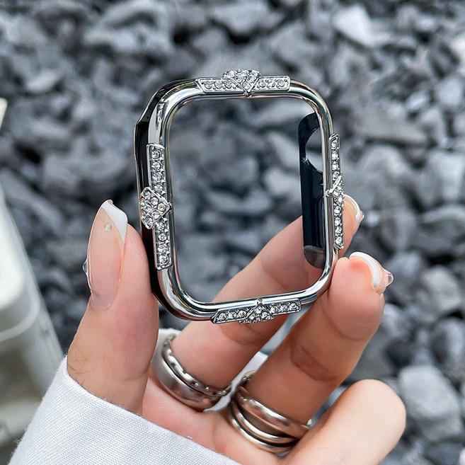 輕奢滿鑽 鑲鑽錶殼 適用 Apple Watch 手錶殼, 銀黑色,46mm（S11/S10）通用, 1個