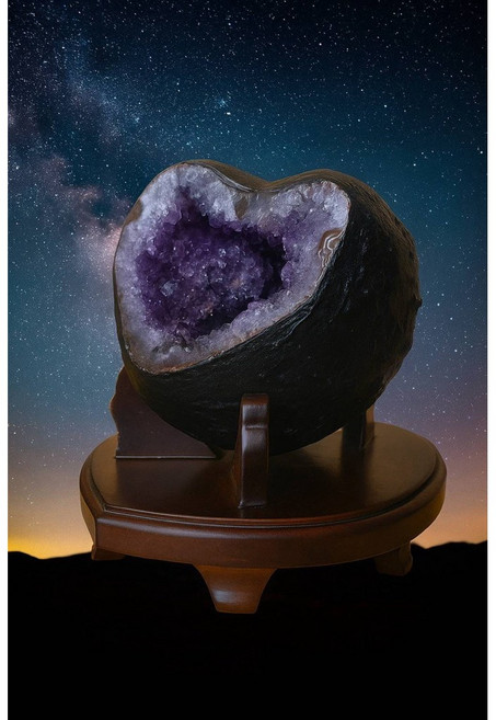 紫水晶心型晶洞擺件 附木座 高15寬14公分 能量晶石, 紫水晶