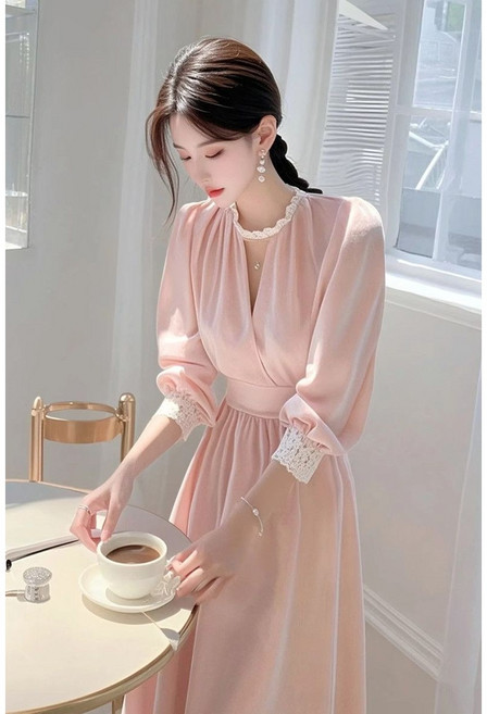 여성 라운드넥 긴팔 쉬폰 롱 원피스 봄 프렌치 슬림핏 롱 원피스 우아한 드레스 LT