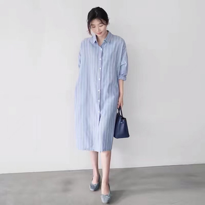 COSYEVNO 면마 셔츠 원피스 스트라이프 빅사이즈 루즈핏 캐주얼 봄여름 여성 미디 긴팔 스커트