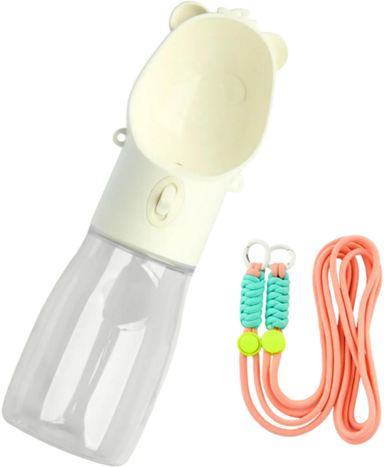 찬란한펫 휴대용 강아지 물병 물통 간식통 산책 크로스끈 포함, 퓨어 화이트 380ml, 1개