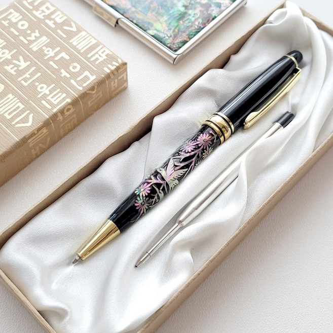 [외국인 선물] 고급 나전칠기 수제 자개 볼펜 한국 전통 기념품, 송학문+리필심, 선물포장 추가함(O)