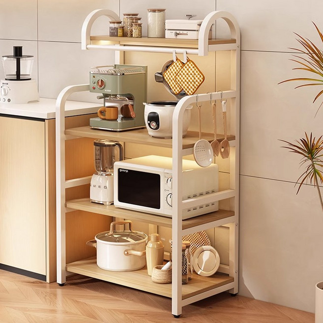 SeekFun 다용도 주방 선반 전자레인지 오븐 수납 조리도구 정리용 다층형 선반, 4단, 흰 원목색