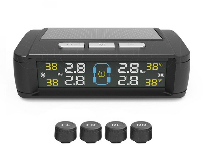 TPMS 센서 타이어 모니터 압력 공기압 온도 측정기 태양열충전 경보장치, 블랙(외장 센서-한국어 음성), 1개