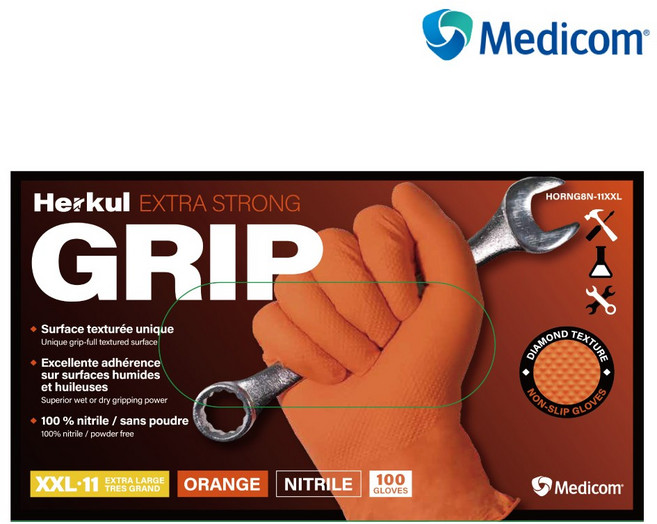 메디컴 헤르쿨 고중량 니트릴 다이아몬드 다회용 장갑 정비 중공업 식품 청소 원예, 100개, M, 오렌지