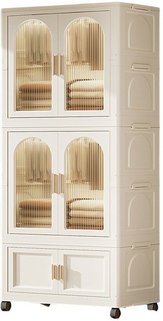 寶寶成長衣櫃 折疊收納櫃 塑膠衣櫥 附滑輪 磁吸門 75公分寬 奶油白, 75面寬(2門1收納), 米白色