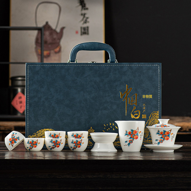 白瓷茶具套裝 羊脂玉瓷功夫茶具, 10頭白瓷蓋碗喜事連連茶具套裝-藍色禮盒, 默認, 1個