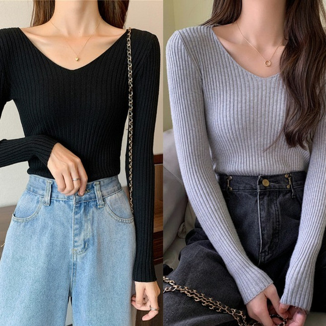 MU랑 여성 쫀쫀한 브이넥 슬림 긴팔 골지 니트 2P