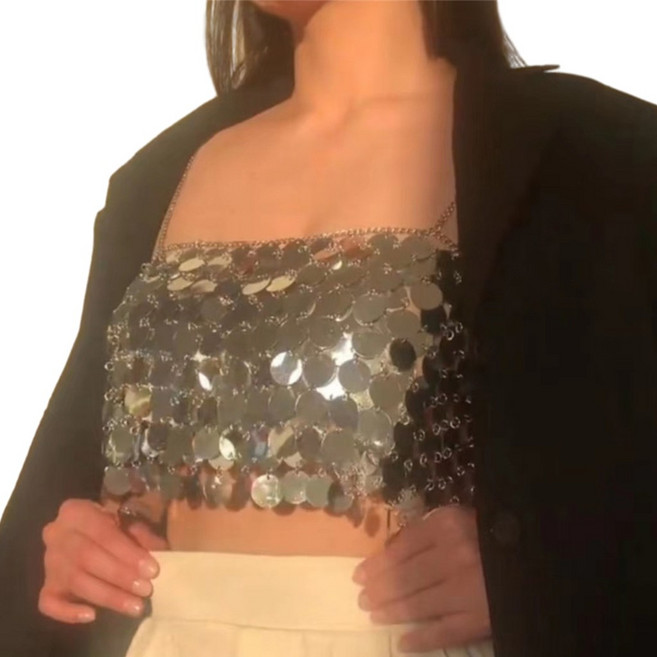 여성 섹시 스팽글 체인 탱크 탑 셔츠 See Through Hollow Out 스팽글 자르기 탑 Raves Party Outfit Clubwears