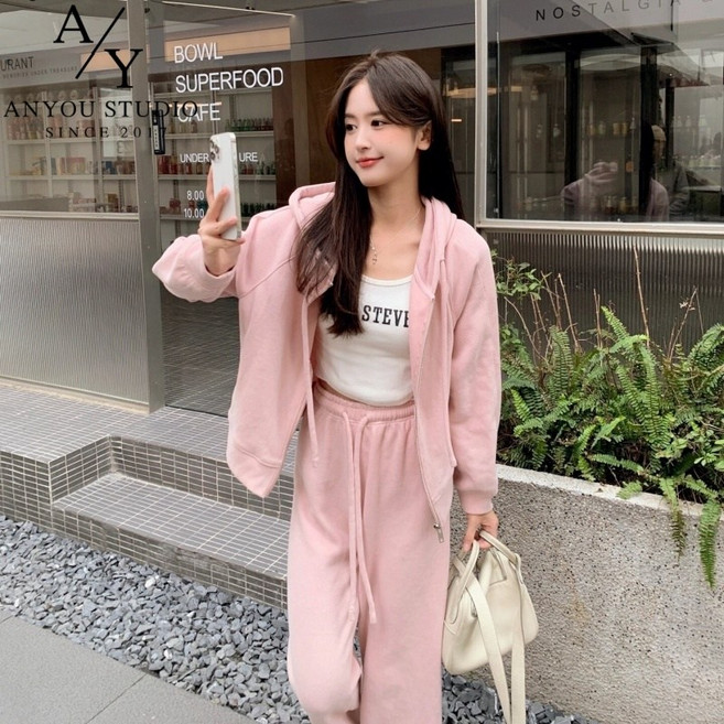 ANYOU 패션 여성 트레이닝세트 봄 가을 빅사이즈 집업 후드티+와이드 팬츠 운동복 핑크색 오버핏 캐주얼 세트 데일 츄리닝세트 투피스