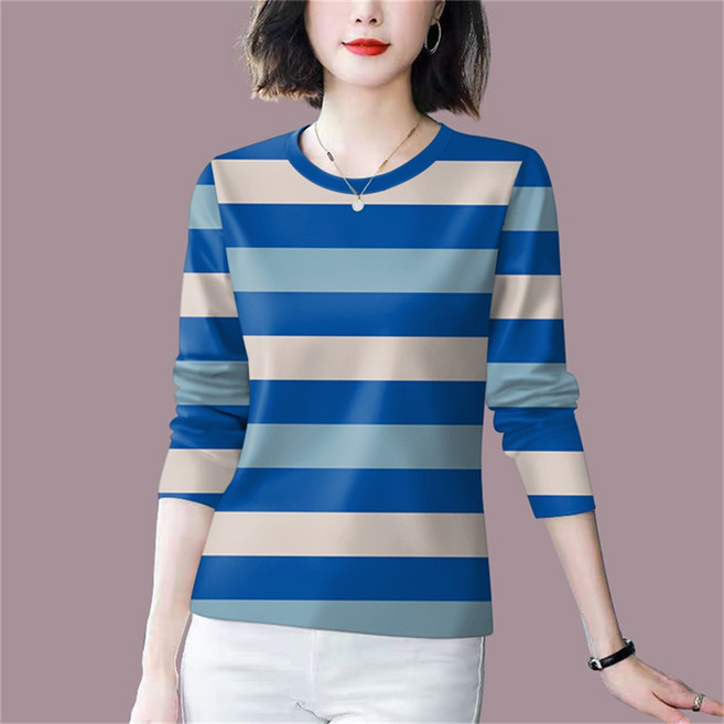 Vezri 여성 스트라이프 긴팔 티셔츠 캐주얼 라운드넥 봄가을 편안한 상의