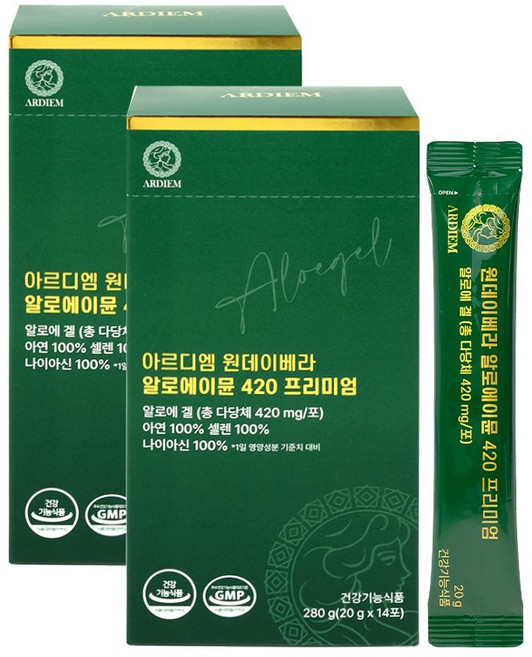 아르디엠 원데이베라 알로에이뮨 420 프리미엄 알로에겔 면역력 젤리스틱 20g x 14포, 2박스, 14회분