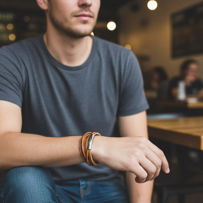 르포렘 빈티지 멀티레이어드 남자 소가죽팔찌 써지컬스틸